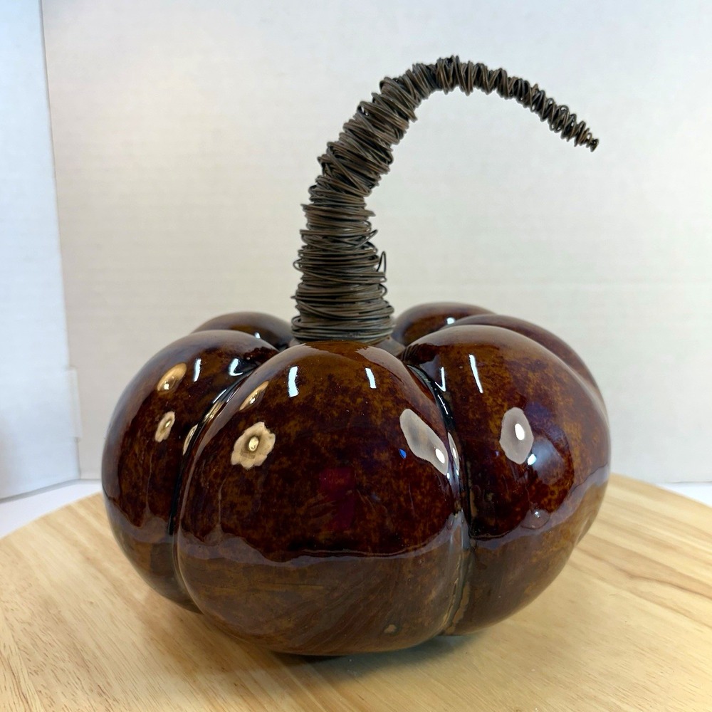 Brown Ceramic Glazed Decorative Pumpkin w/ Twisted Stem, 7.5 in Tall